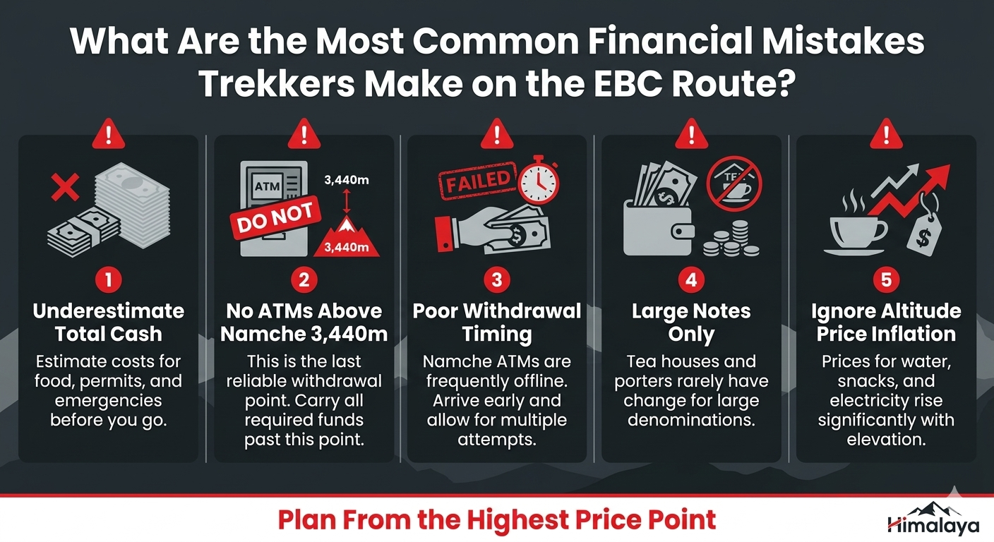 Most common financial mistakes trekkers make on Everest Base Camp Trek – cash planning and ATM availability infographic